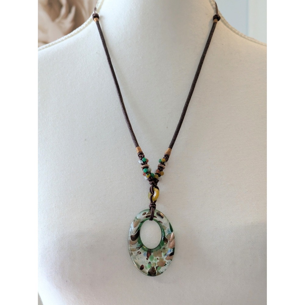 Earthy Art Glass Pendant Necklace In Greens & Brown Speckles Cord Chain Artsy